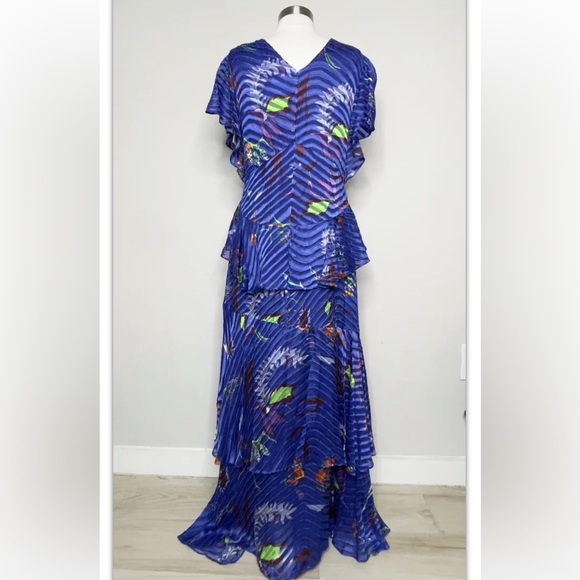 TANYA TAYLOR Janelle blue floral silk tiered burnout maxi dress - Picture 4 of 10